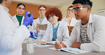 Buy stock photo Education, science and students in class with teacher for development, feedback or future. Conversation, experiment and review with learner group in college laboratory for learning, writing or study