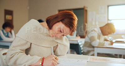 Buy stock photo Student, girl and writing in high school with pen, biology assessment or problem solving for test. People, teenager and notes in classroom with education, knowledge or learning for life science exam.