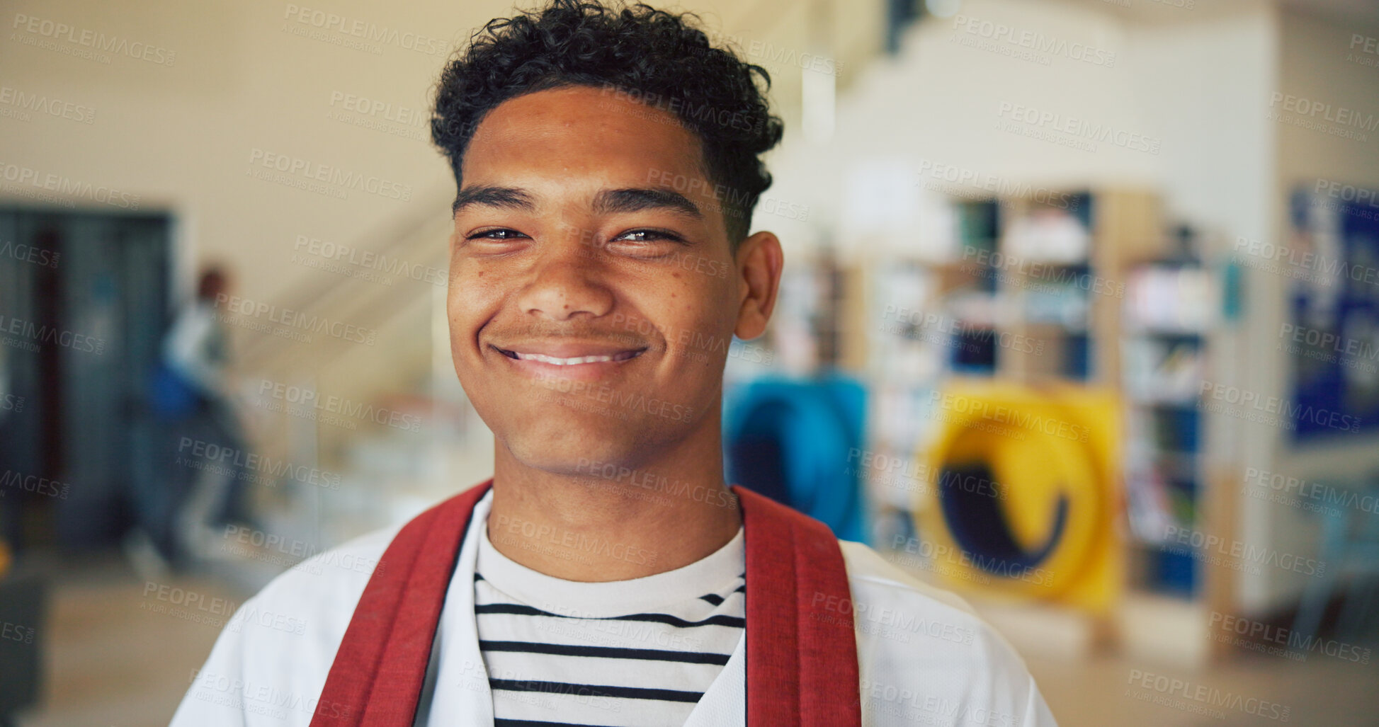 Buy stock photo Education, portrait and smile of boy student on high school campus for development or growth. Future, learning and study with happy teen learner in academy hallway for knowledge or opportunity
