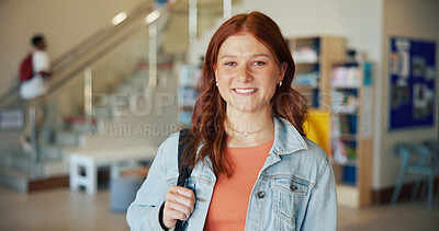 Buy stock photo Education, portrait and smile of teen student on high school campus for development or growth. Future, learning and study with happy girl learner in academy hallway for knowledge or opportunity