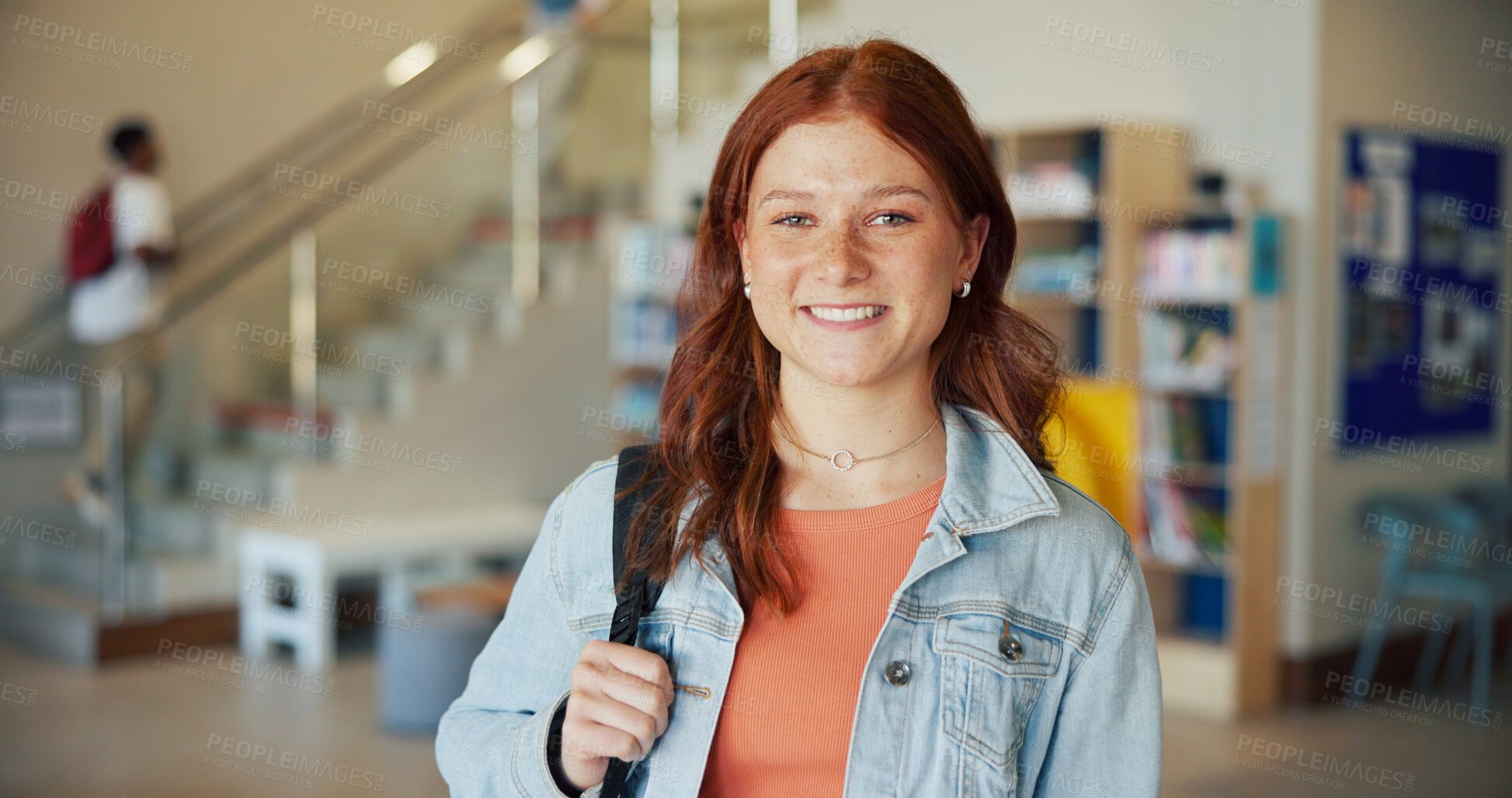 Buy stock photo Education, portrait and smile of teen student on high school campus for development or growth. Future, learning and study with happy girl learner in academy hallway for knowledge or opportunity