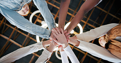 Buy stock photo People, meeting and unity with hands together below for collaboration, inclusion or mission. Low angle, group or creative community with pile or stack in solidarity, huddle or circle for teamwork
