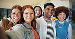 Happy students, portrait and selfie with friends on campus for picture or memory together. Group, academic learners or smile with classmates for photography, capture moment or social media in school