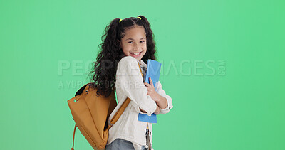 Buy stock photo Book, child and student on green screen in studio with mockup space, learning and smile for growth. Happy kid, cute girl and learner with backpack, future development and portrait on background