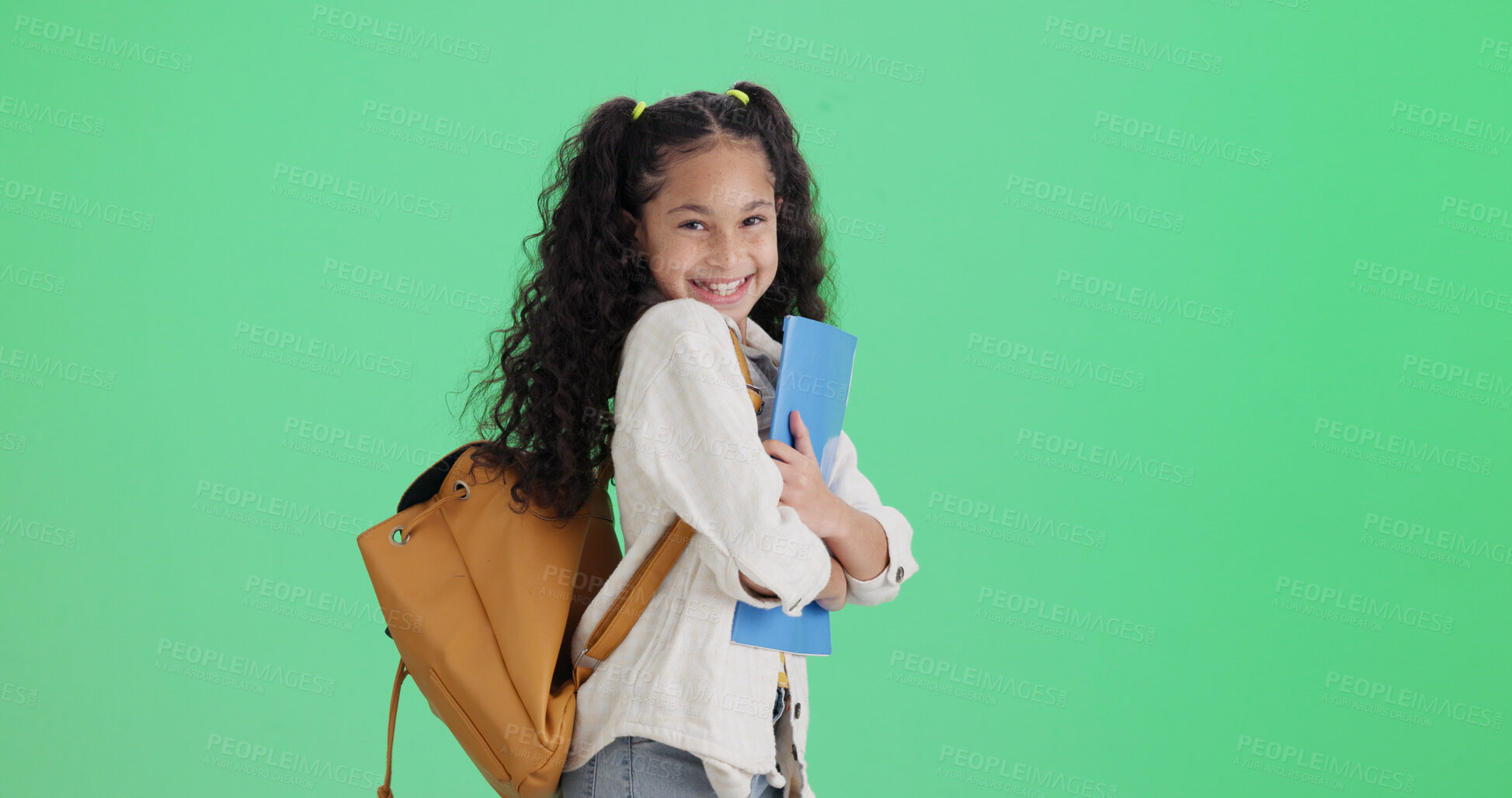 Buy stock photo Book, child and student on green screen in studio with mockup space, learning and smile for growth. Happy kid, cute girl and learner with backpack, future development and portrait on background
