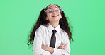 Business, kid and fashion with arms crossed in studio for dress up, about us and formal attire. Mockup space, child and role play with portrait, professional clothes and pretend on green background