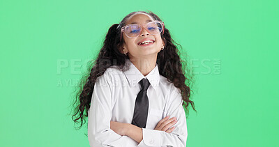 Buy stock photo Business, kid and fashion with arms crossed in studio for dress up, about us and formal attire. Mockup space, child and role play with portrait, professional clothes and pretend on green background