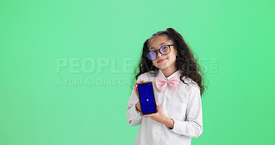 Buy stock photo Green screen, mobile and girl with smile for portrait, app promotion or advertising for digital education. Mockup space, student or child with phone in studio, elearning site or platform announcement
