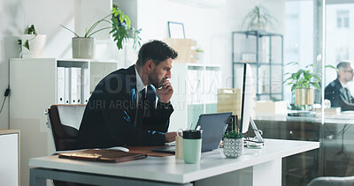 Buy stock photo Thinking, reading and computer with business man in office for stock market broker, vision and account report. Risk assessment, idea and investor trading with person in agency for virtual advisor
