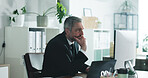 Auditor, think or mature man with computer in office, internal inspection or risk management for planning. Compliance reflection, check record or employee with accuracy review, pc or assets insight