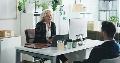 Buy stock photo Meeting, job interview and business people in office with hiring, recruitment or contract. Discussion, professional and hr manager with candidate for employment process with vacancy in workplace.