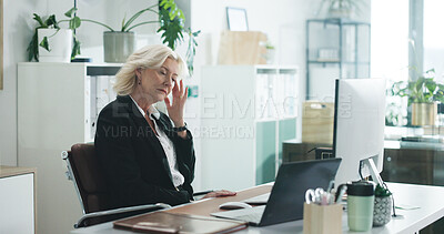 Buy stock photo Woman, financial advisor and headache with pain at office for stress, tired or job at investment company. Mature person, broker and exhausted with laptop, migraine or frustrated for burnout at agency