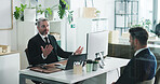 Meeting, performance review and business men in office with advice, evaluation or development. Discussion, computer and male hr manager with employee for feedback on career growth in workplace.