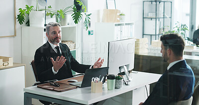 Buy stock photo Meeting, performance review and business men in office with advice, evaluation or development. Discussion, computer and male hr manager with employee for feedback on career growth in workplace.