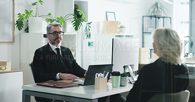 Buy stock photo Meeting, performance review and business people in office with feedback, evaluation or development. Discussion, computer and hr manager with employee for advice on career growth in workplace.