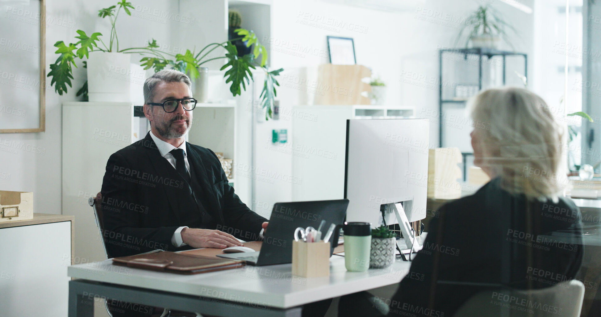 Buy stock photo Meeting, performance review and business people in office with feedback, evaluation or development. Discussion, computer and hr manager with employee for advice on career growth in workplace.