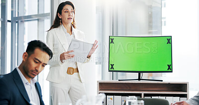 Buy stock photo Investor, green screen and woman with monitor, presentation and pitch for trading deal. People, speaker and financial advisor in office, coworking and proposal for investment strategy or computer
