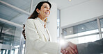 Smile, business and woman with handshake in office for welcome, introduction and partnership. Happy, people and shaking hands for greeting, employee agreement and thank you for onboarding opportunity