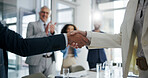 People, meeting and handshake with applause in office for welcome, partnership and congratulations. Team, shaking hands and staff clapping for greeting, celebration and agreement for promotion winner