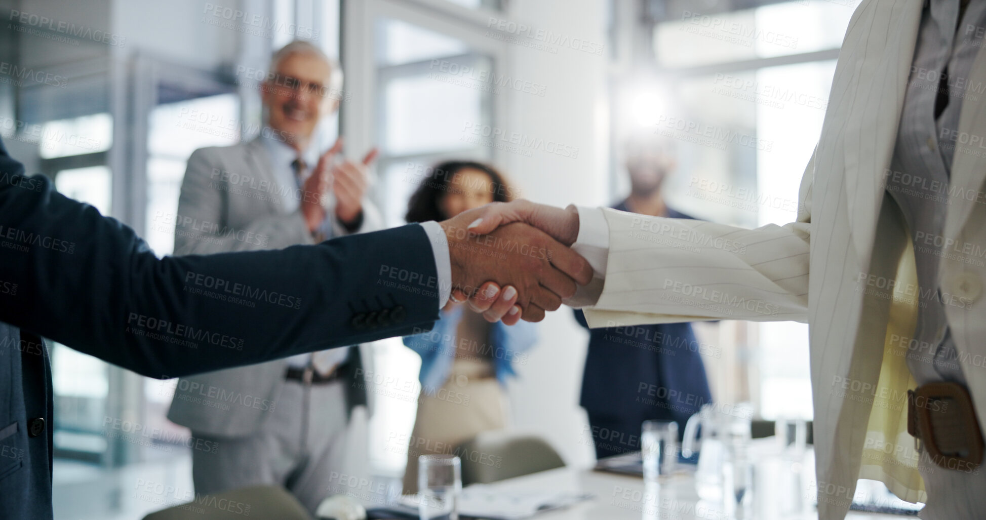Buy stock photo People, meeting and handshake with applause in office for welcome, partnership and congratulations. Team, shaking hands and staff clapping for greeting, celebration and agreement for promotion winner