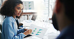 Businesswoman, document and planning with graphs in meeting for finance, kpi or feedback. Team, paperwork or people with trend analysis for investment data, idea discussion and insight in office