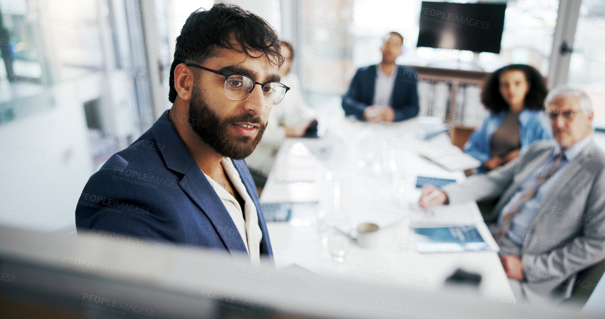 Buy stock photo Man, writing and discussion with board, boardroom and brainstorming for financial growth with group. Investment banker, meeting and risk analysis for project with people, collaboration and above
