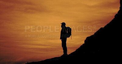 Buy stock photo Sunset, trekking and silhouette of man on mountain for adventure, reflection and vacation with view. Hiking, backpacking and person outdoor for holiday, travel or thinking with space for sightseeing