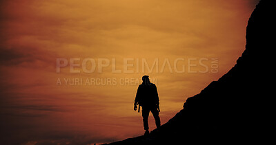Buy stock photo Vacation, hiking or silhouette of person on mountain for adventure, reflection and outdoor with view. Holiday, backpacking and hiker trekking at sunset, travel or thinking with space for sightseeing