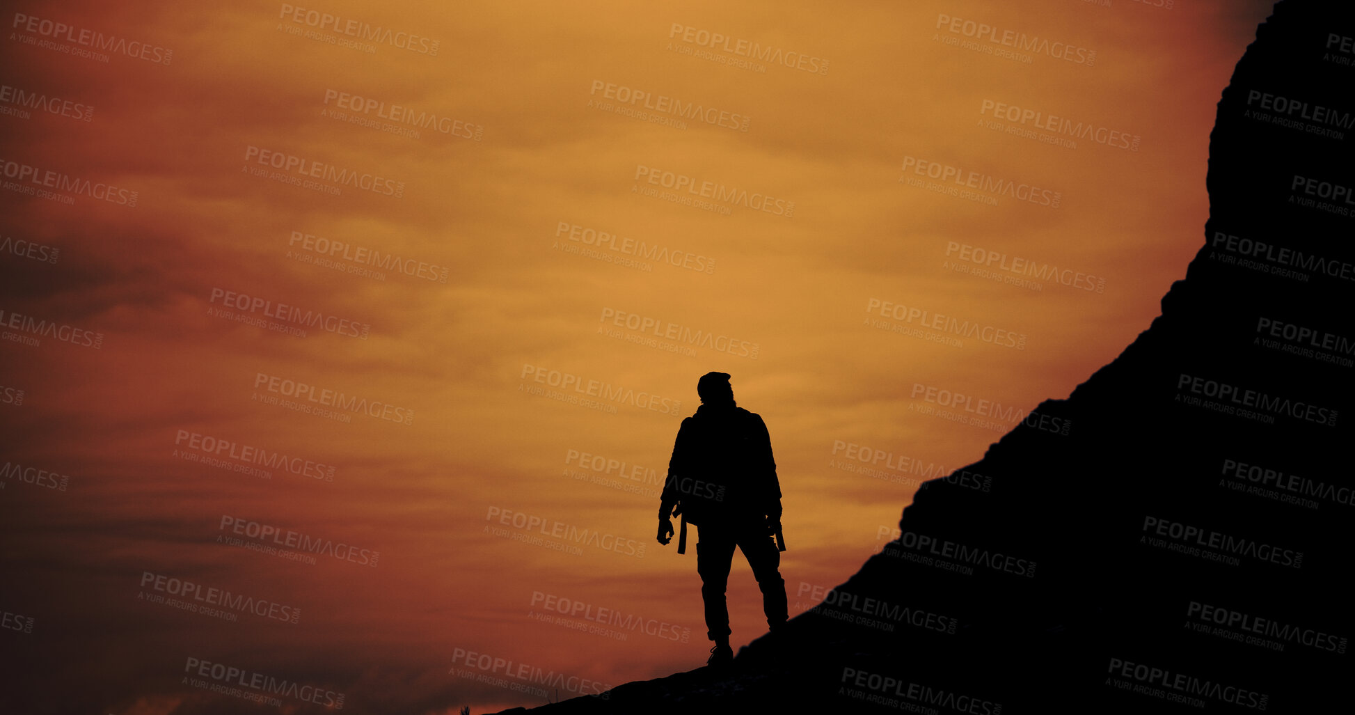 Buy stock photo Vacation, hiking or silhouette of person on mountain for adventure, reflection and outdoor with view. Holiday, backpacking and hiker trekking at sunset, travel or thinking with space for sightseeing