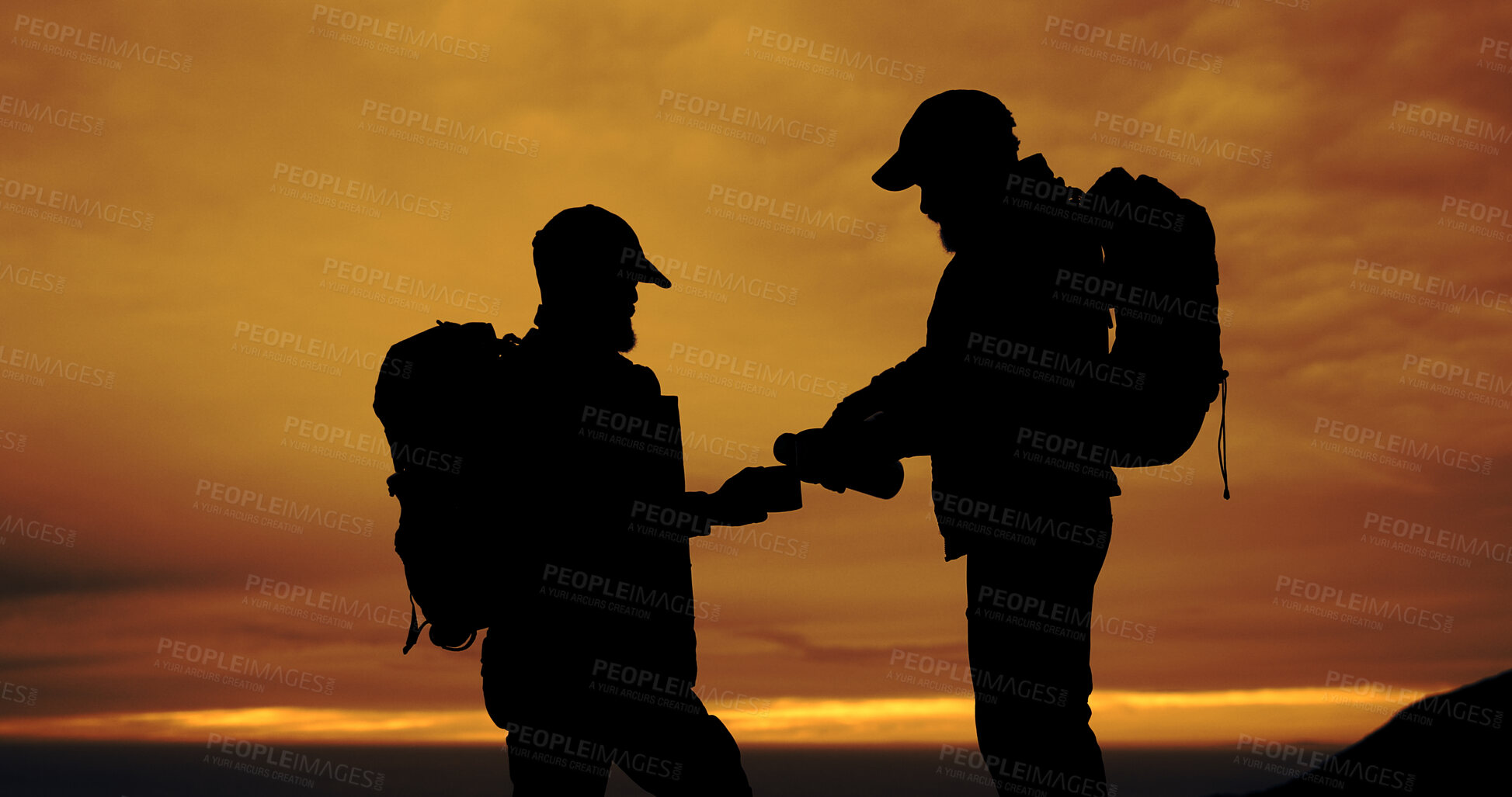 Buy stock photo Friends, hiking and pour coffee with silhouette at sunset, break or nature tourism on trip with space in sky. People, flask and rest for drinks, view and outdoor with beverage on trekking adventure