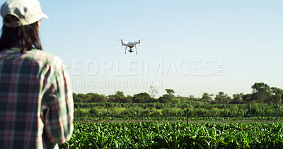 Buy stock photo Agriculture, drone and back of woman on farm for field mapping, monitor crops and labor efficiency. Space, farmer and UAV tech in nature for irrigation management, growth surveillance or plant health