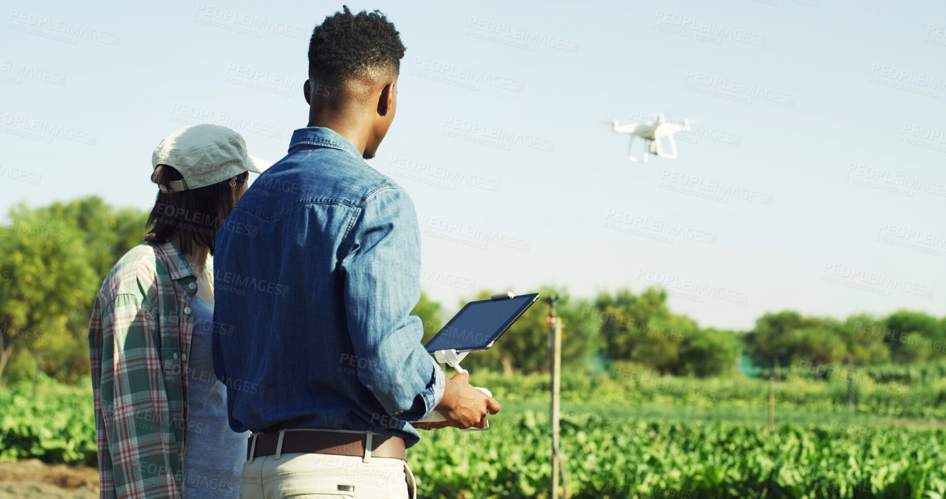 Buy stock photo Agriculture, farm and couple with drone for field mapping, monitor crops and space in nature. Man, woman and farmer with flying tech for irrigation management, agro or vegetable growth from back
