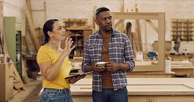 Buy stock photo Carpenter, tablet and people in workshop, talking and planning for inventory management. Advice, man and woman in meeting for conversation, internet and tech for production process and manufacturing
