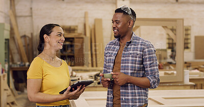 Buy stock photo Carpenter, tablet and people in workshop, discussion and email for inventory order, internet and advice. Design project, man and woman in factory, tech and app for manufacturing schedule and process