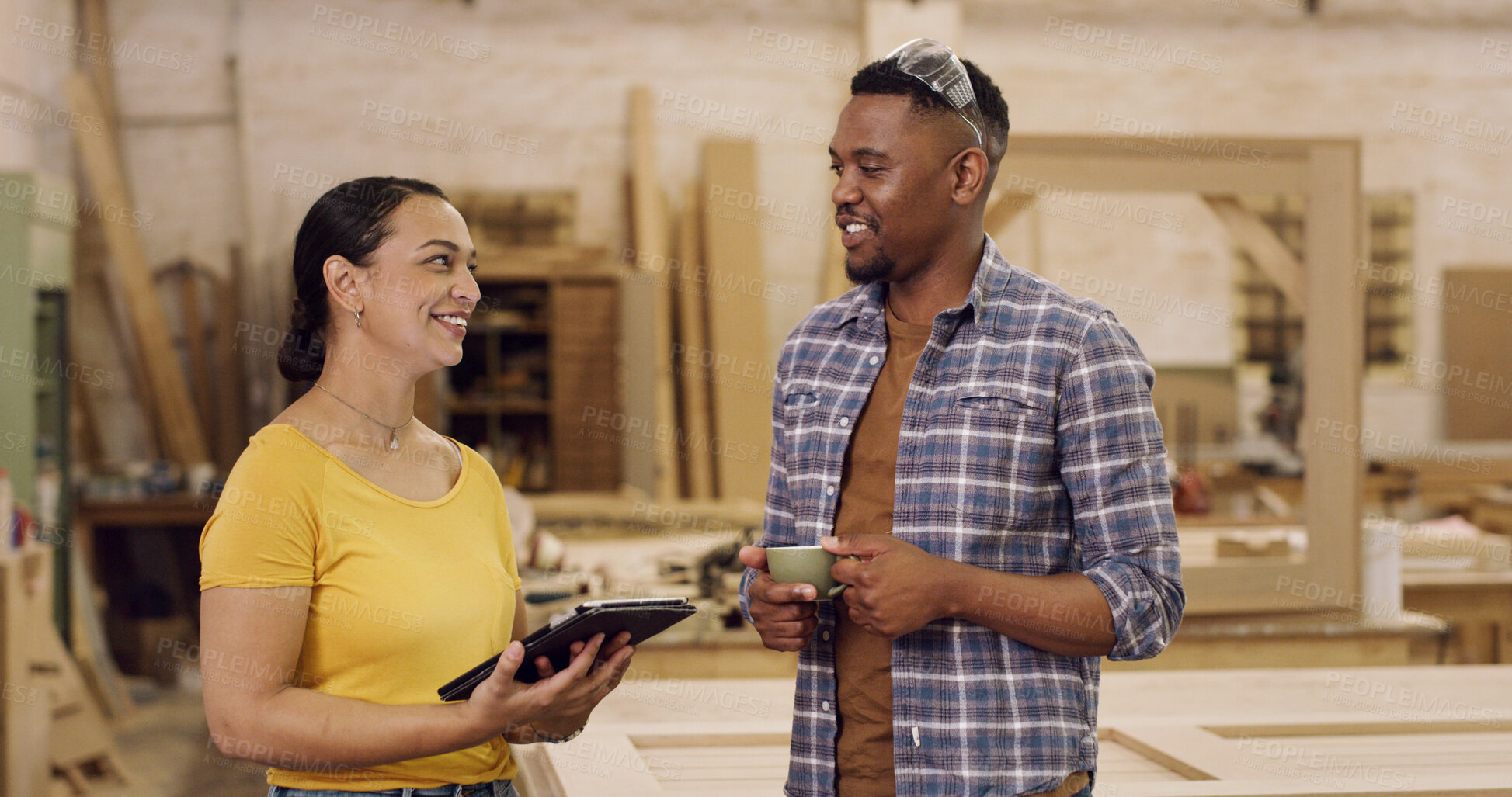 Buy stock photo Carpenter, tablet and people in workshop, discussion and email for inventory order, internet and advice. Design project, man and woman in factory, tech and app for manufacturing schedule and process