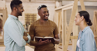 Buy stock photo Carpentry, discussion or people with notebook in workshop, project timeline or material cost for craft. Speaking, smile or carpenter with clients for furniture planning, woodworking or teamwork