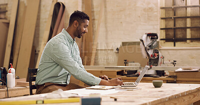 Buy stock photo Carpenter, laptop or man in workshop, typing or online reading for manufacturing checklist. Person, furniture industry or entrepreneur in factory, pc or email for timber inventory and project invoice