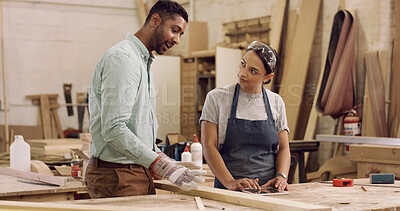 Buy stock photo Carpentry, people and discussion in workshop with woodwork, manager instruction or manufacturing plan. Man, woman and talk in factory with furniture production, idea proposal or management inspection