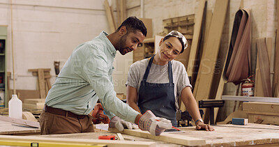 Buy stock photo Carpentry, people and discussion in factory with woodwork, manager instruction or manufacturing plan. Man, woman and talk in workshop with furniture production idea, pencil and management inspection.