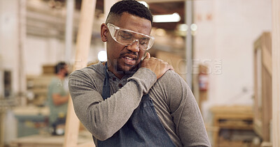 Buy stock photo Carpentry, shoulder pain or man in workshop for woodworking, bad posture or overworked for injury. Muscle tension, artisan or carpenter with joint inflammation from furniture project, strain or ache
