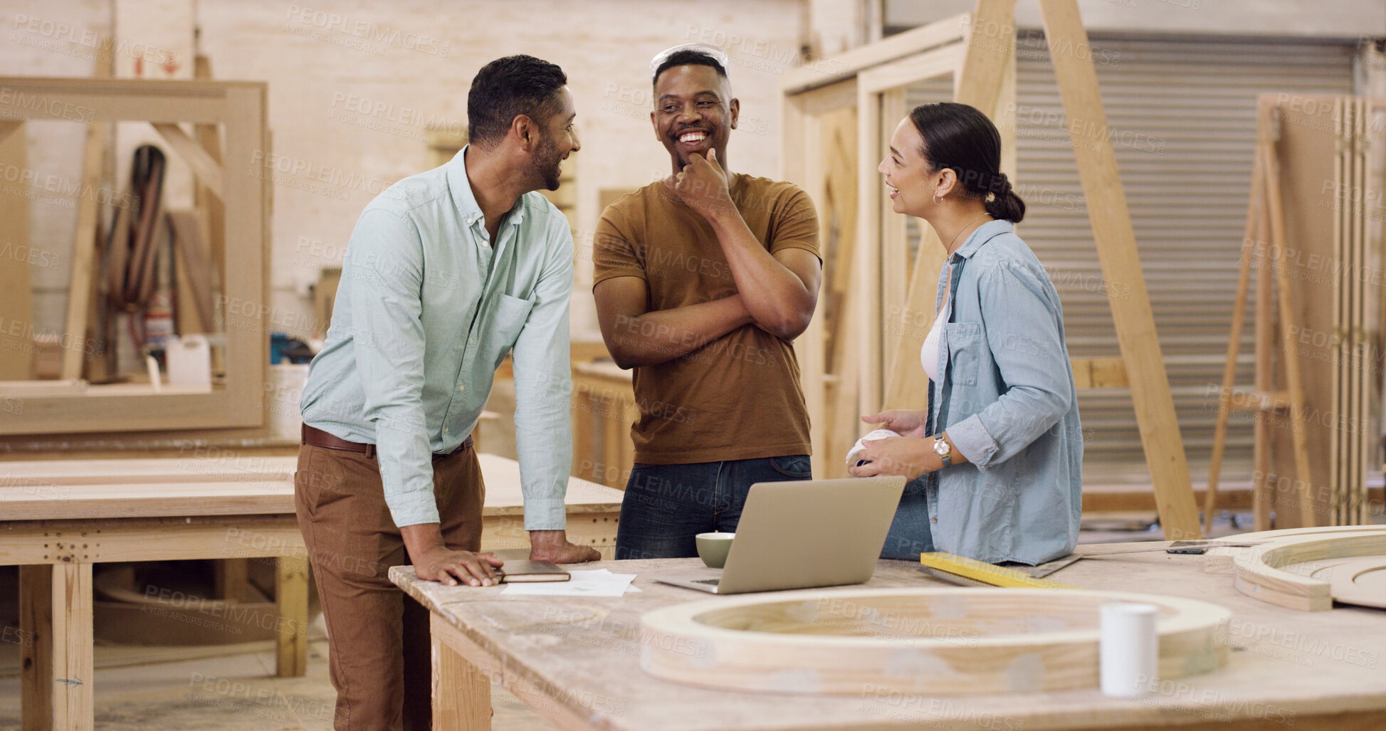 Buy stock photo Laptop, discussion and people with meeting for carpentry, production planning and project management. Talking, pc or woodworking team with manufacturing idea for furniture building, smile or workshop
