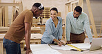 Blueprint, talking and people with meeting for carpentry, production planning and project management. Speaking, schematic and woodworking team with manufacturing idea for furniture, smile or workshop
