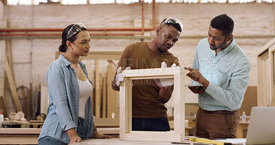 Buy stock photo Carpentry, furniture and talking with team in factory for manufacturing or production process. Feedback, planning and woodworking with carpenter people in lumber warehouse for discussion or meeting