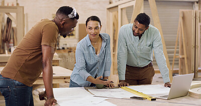 Buy stock photo Blueprint, speaking and people with meeting for carpentry, production planning or project management. Talk, schematic or woodworking team with manufacturing idea for furniture, craftsman or workshop