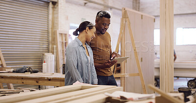 Buy stock photo Carpenter, tablet and people in workshop, reading and email for online inventory order. Furniture industry, connection or employees in factory, tech or design project, cooperation or manufacturing
