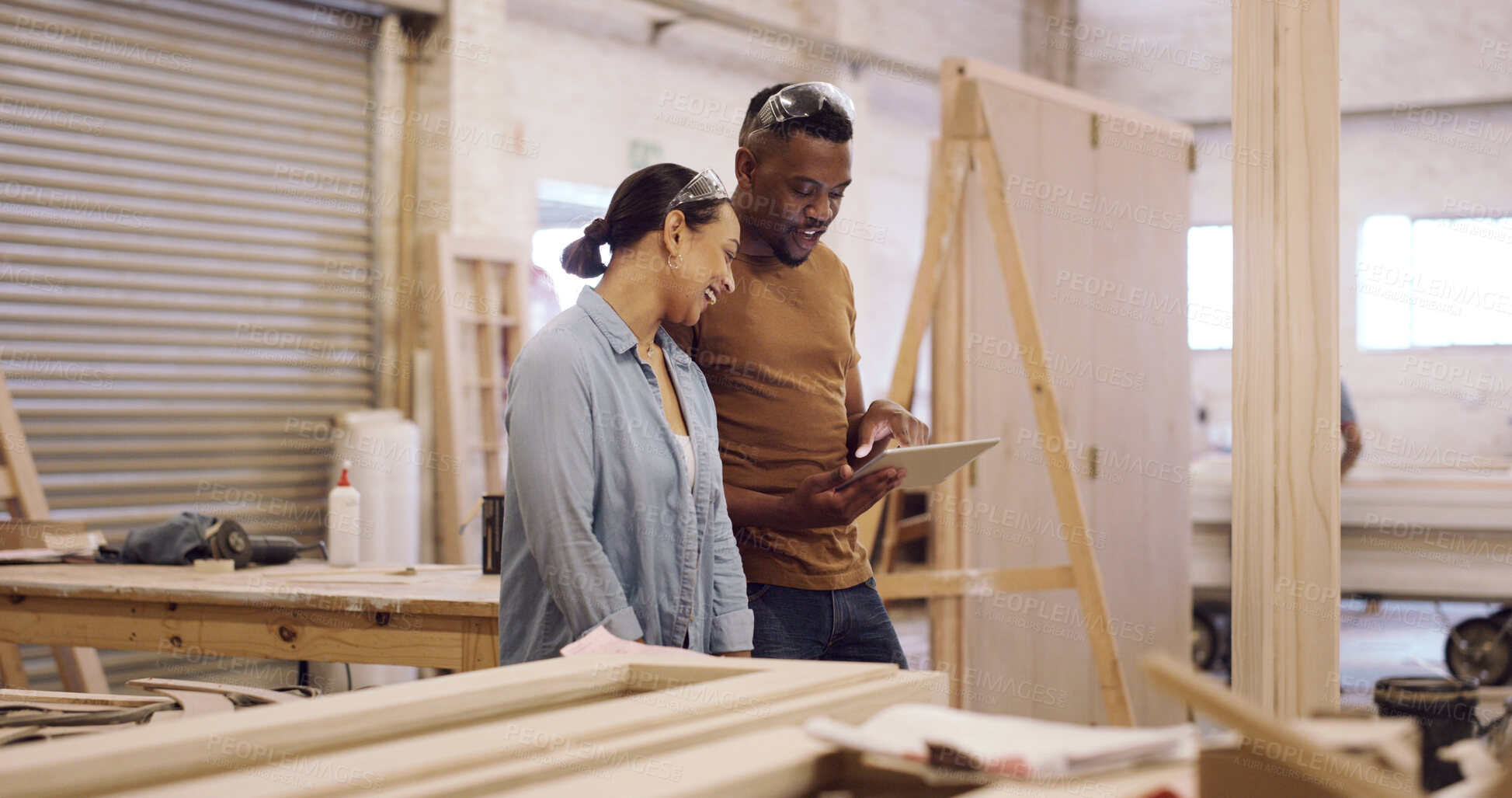 Buy stock photo Carpenter, tablet and people in workshop, reading and email for online inventory order. Furniture industry, connection or employees in factory, tech or design project, cooperation or manufacturing