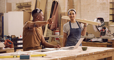 Buy stock photo Carpenter, pointing and people in warehouse, conversation and advice for woodwork project. Gesture, furniture industry and employees in factory, discussion and feedback for progress and manufacturing