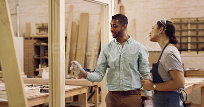 Buy stock photo Carpenter, woodwork and people in warehouse, inspection for inventory and conversation. Employees, man and woman in workplace, cooperation and discussion for production material and building timber