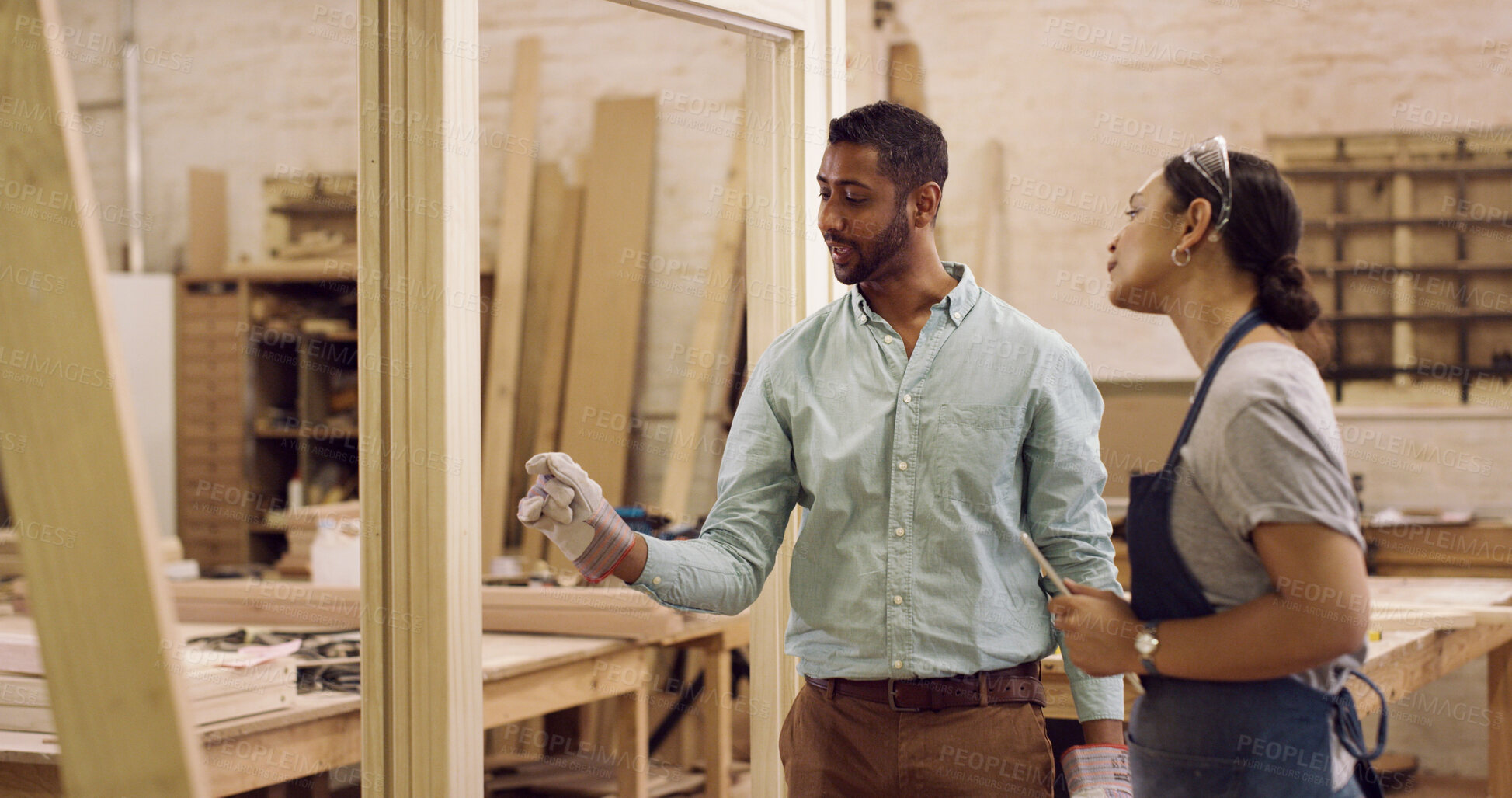 Buy stock photo Carpenter, woodwork and people in warehouse, inspection for inventory and conversation. Employees, man and woman in workplace, cooperation and discussion for production material and building timber