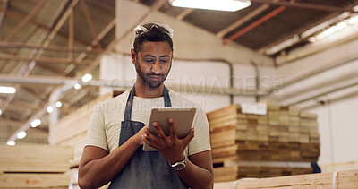 Buy stock photo Carpenter, tablet and man in workshop, typing and online reading for inspection compliance. Connection, internet or person in factory, tech or email for inventory order and website for startup review